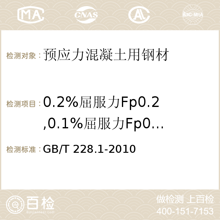 0.2%屈服力Fp0.2,0.1%屈服力Fp0.1 GB/T 228.1-2010 金属材料 拉伸试验 第1部分:室温试验方法