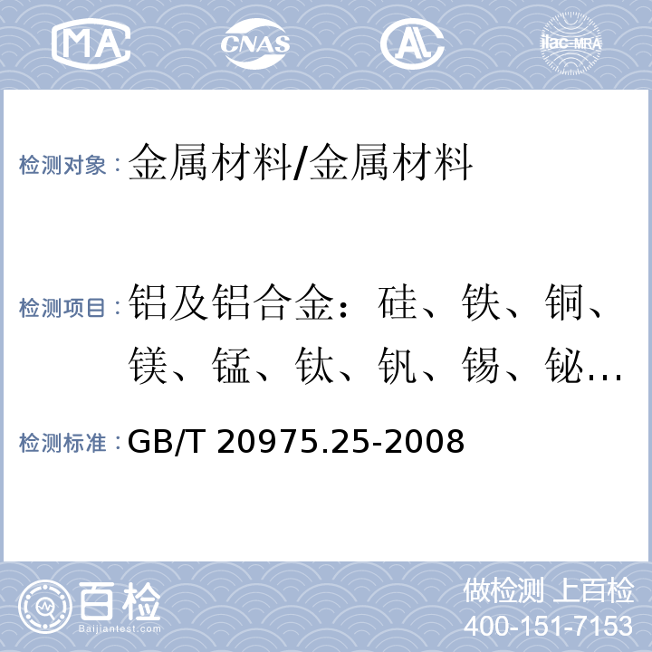 铝及铝合金：硅、铁、铜、镁、锰、钛、钒、锡、铋、铬、锌、镍、镉、铅、硼、锶 铝及铝合金化学分析方法 第25部分：电感耦合等离子体原子发射光谱法/GB/T 20975.25-2008