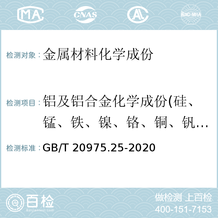 铝及铝合金化学成份(硅、锰、铁、镍、铬、铜、钒、钛、铅、镁、锡、锌、镉) 铝及铝合金化学分析方法 第25部分：元素含量的测定 电感耦合等离子体原子发射光谱法GB/T 20975.25-2020