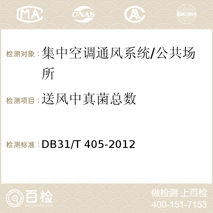 送风中真菌总数 集中空调通风系统卫生管理规范/DB31/T 405-2012