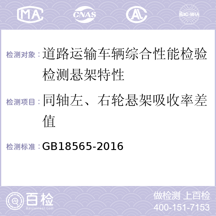 同轴左、右轮悬架吸收率差值 道路运输车辆综合性能要求和检验方法 GB18565-2016