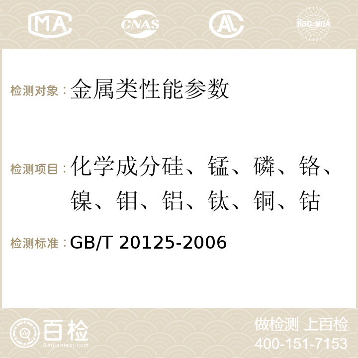 化学成分硅、锰、磷、铬、镍、钼、铝、钛、铜、钴 低合金钢 多元素含量的测定 电感耦合等离子体原子发射光谱法 GB/T 20125-2006