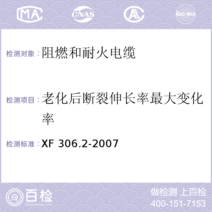 老化后断裂伸长率最大变化率 阻燃及耐火电缆塑料绝缘阻燃及耐火电缆分级和要求 第2部分:耐火电缆 XF 306.2-2007