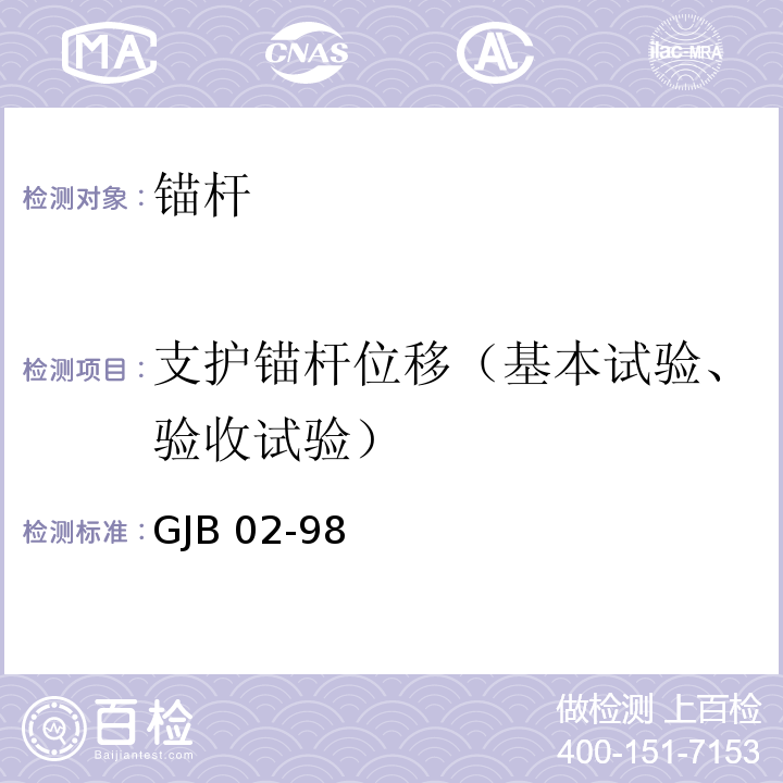 支护锚杆位移（基本试验、验收试验） 广州地区建筑基坑支护技术规定 GJB 02-98