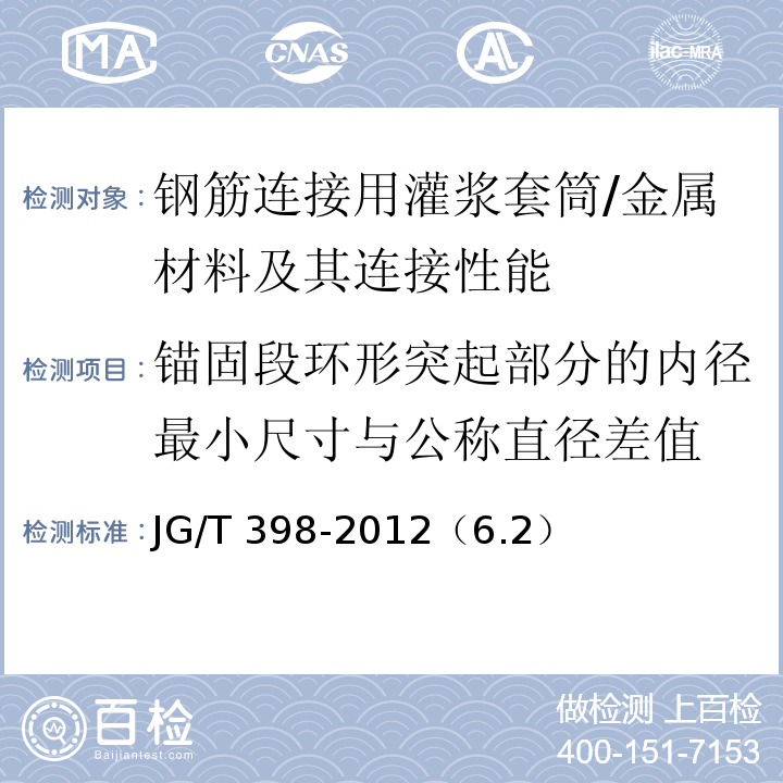 锚固段环形突起部分的内径最小尺寸与公称直径差值 JG/T 398-2012 钢筋连接用灌浆套筒