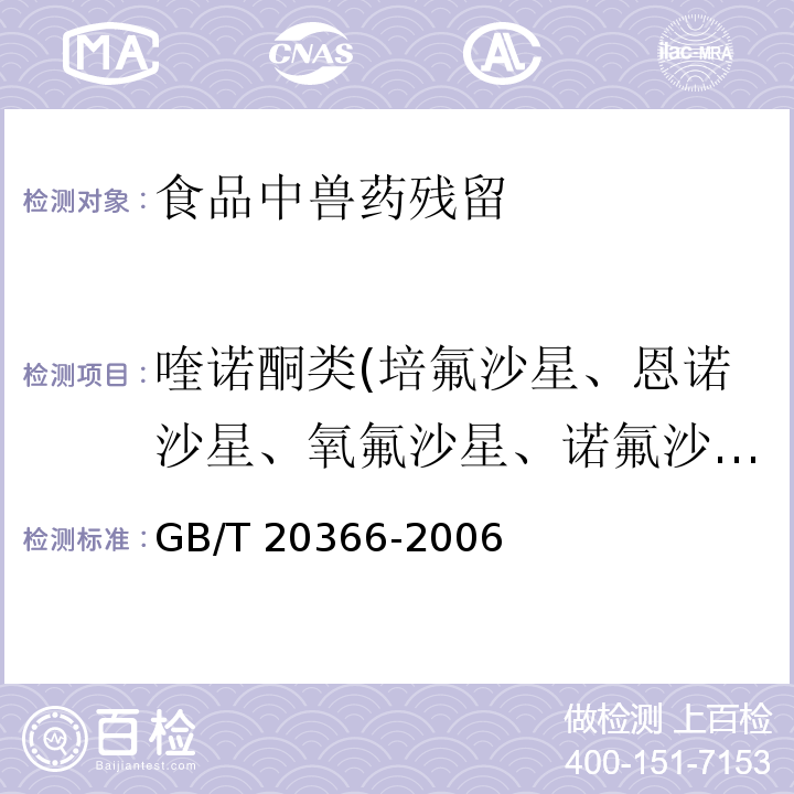 喹诺酮类(培氟沙星、恩诺沙星、氧氟沙星、诺氟沙星、洛美沙星） 动物源产品中喹诺酮类残留量的测定 液相色谱-串联质谱法GB/T 20366-2006质谱检测器