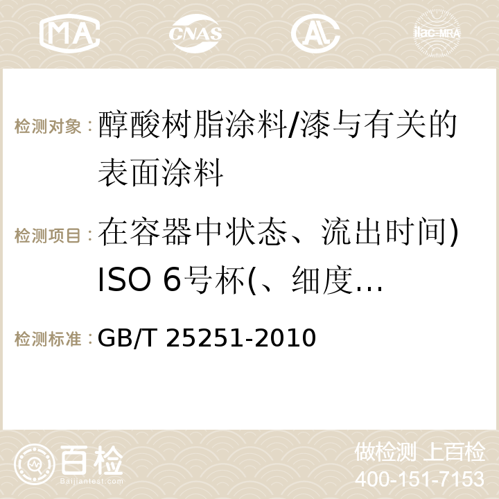 在容器中状态、流出时间)ISO 6号杯(、细度、遮盖力、不挥发物含量、施工性、重涂适应性、与面漆的适应性、干燥时间、漆膜外观、光泽、硬度、弯曲试验、划格试验、打磨性、渗色性、结皮性、耐盐水性、耐水性、耐挥发油性、耐酸性、耐人工气候老化性、原漆颜色、回粘性 醇酸树脂涂料 /GB/T 25251-2010