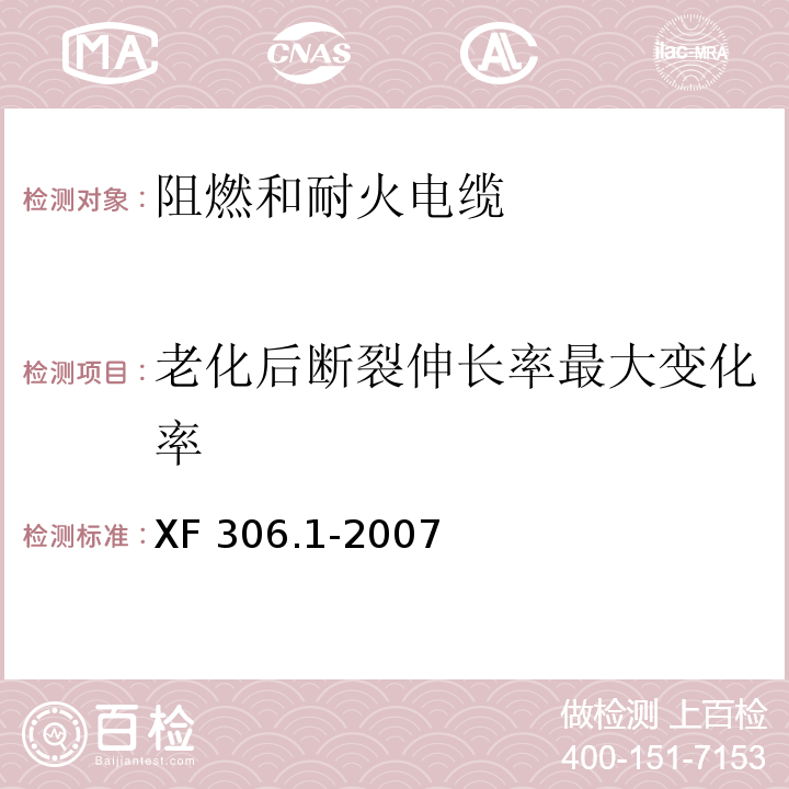 老化后断裂伸长率最大变化率 XF 306.1-2007 阻燃及耐火电缆:塑料绝缘阻燃及耐火电缆分级和要求 第1部分:阻燃电缆