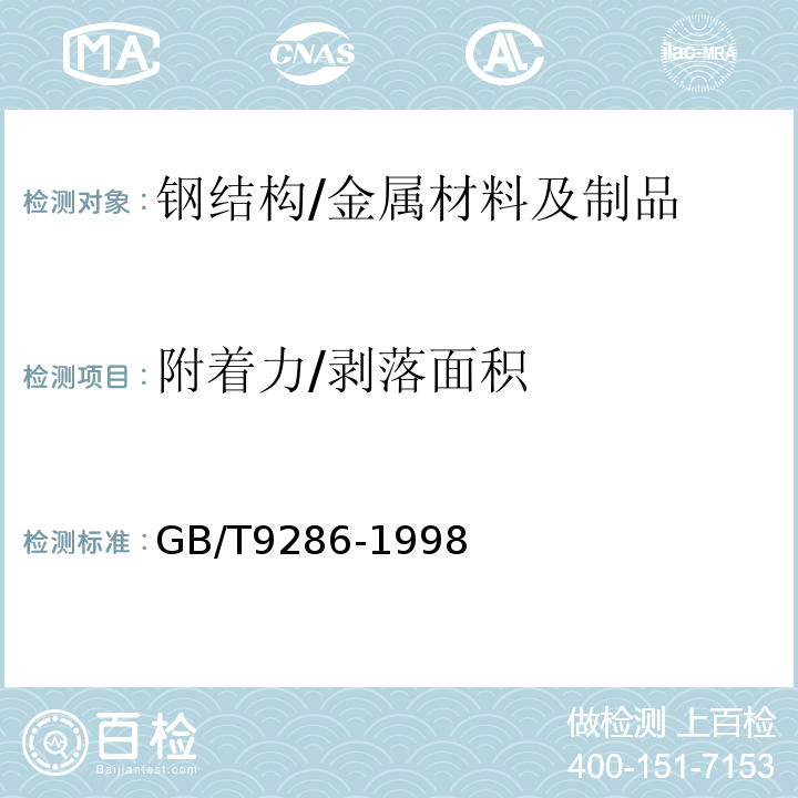 附着力/剥落面积 色漆和清漆 漆膜的划格试验/GB/T9286-1998