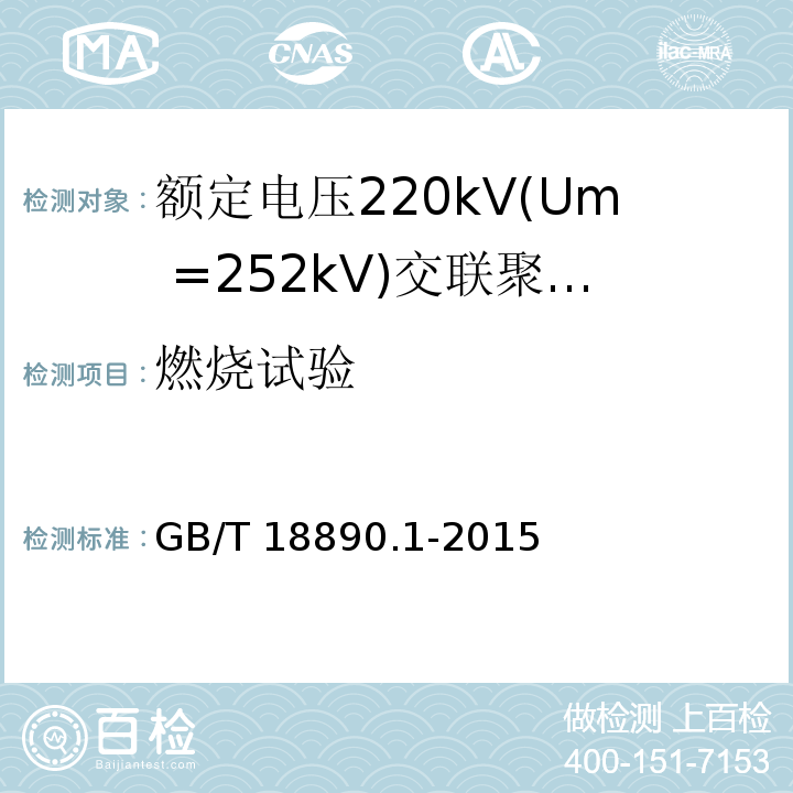 燃烧试验 额定电压220kV(Um =252 kV)交联聚乙烯绝缘电力电缆及其附件 第1部分：额定电压220kV(Um =252 kV)交联聚乙烯绝缘电力电缆及其附件的电力电缆系统-试验方法和要求GB/T 18890.1-2015