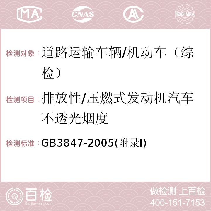 排放性/压燃式发动机汽车不透光烟度 车用压燃式发动机和压燃式发动机汽车排气烟度排放限值及测量方法 附录I/GB3847-2005(附录I)