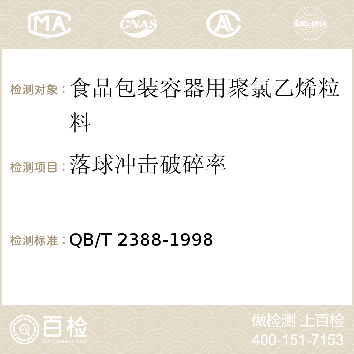 落球冲击破碎率 食品包装容器用聚氯乙烯粒料QB/T 2388-1998