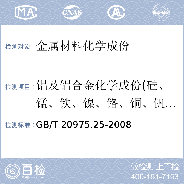 铝及铝合金化学成份(硅、锰、铁、镍、铬、铜、钒、钛、铅、镁、锡、锌、镉) 铝及铝合金化学分析方法 第25部分：电感耦合等离子体原子发射光谱法GB/T 20975.25-2008