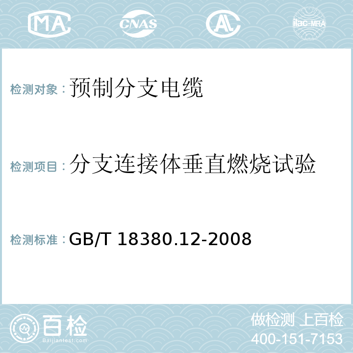 分支连接体垂直燃烧试验 电缆和光缆在火焰条件下的燃烧试验第12部分：单根绝缘电线电缆火焰垂直蔓延试验 1kW预混合型火焰试验方法GB/T 18380.12-2008