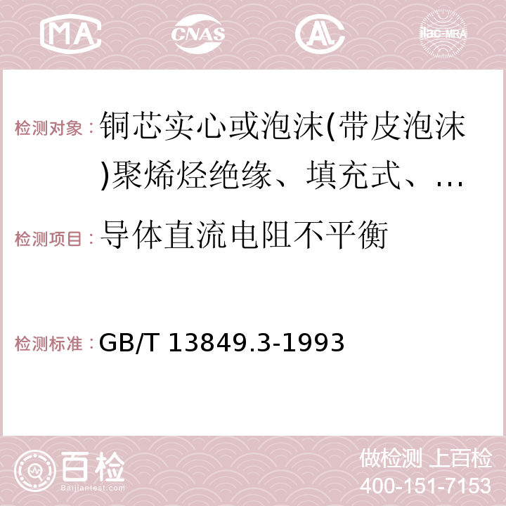 导体直流电阻不平衡 聚烯烃绝缘聚烯烃护套市内通信电缆 第3部分:铜芯实心或泡沫(带皮泡沫)聚烯烃绝缘、填充式、挡潮层聚乙烯护套市内通信电缆GB/T 13849.3-1993