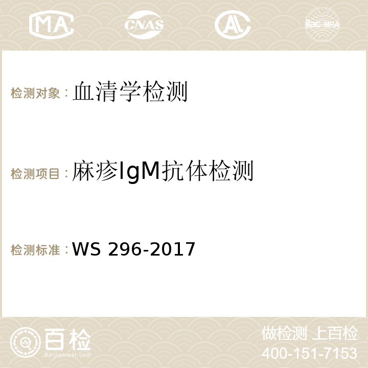 麻疹IgM抗体检测 WS 296-2017 麻疹诊断