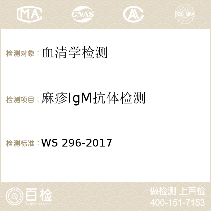 麻疹IgM抗体检测 麻疹诊断标准 WS 296-2017（附录A）A.2.1