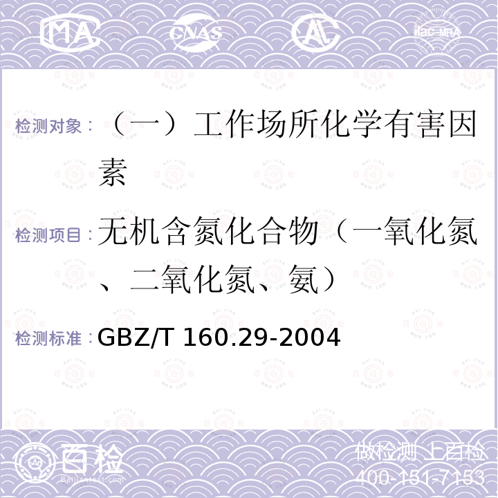 无机含氮化合物（一氧化氮、二氧化氮、氨） 工作场所空气有毒物质测定 无机含氮化合物（3一氧化氮和二氧化氮的盐酸萘乙二胺分光光度法4胺的钠氏试剂分光光度法）GBZ/T 160.29-2004