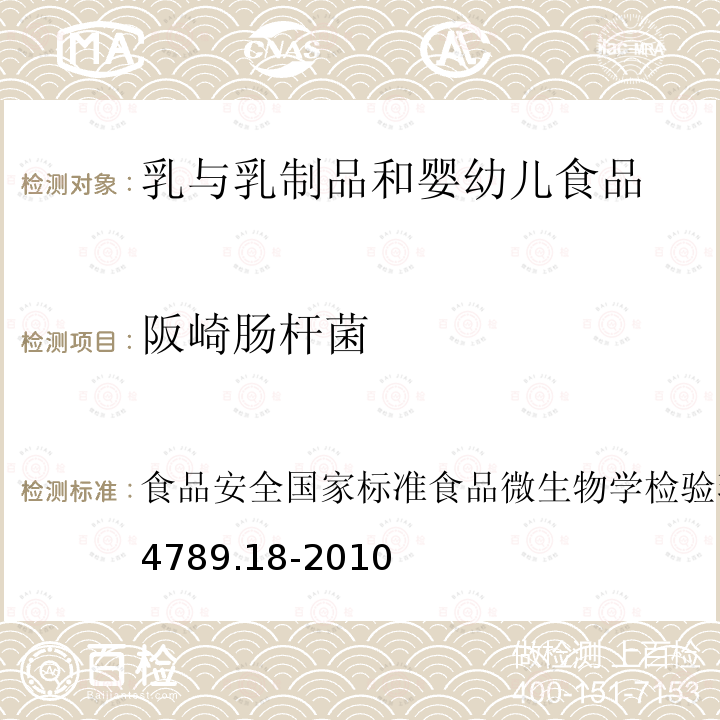 阪崎肠杆菌 食品安全国家标准
食品微生物学检验 乳与乳制品检验
 GB 4789.18-2010