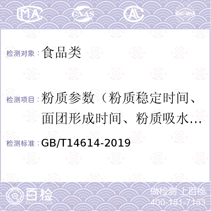 粉质参数（粉质稳定时间、面团形成时间、粉质吸水率弱化度、粉质质量指数、稠度） GB/T 14614-2019 粮油检验 小麦粉面团流变学特性测试 粉质仪法