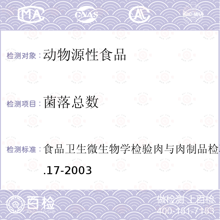 菌落总数 食品卫生微生物学检验 
肉与肉制品检验
GB/T 4789.17-2003