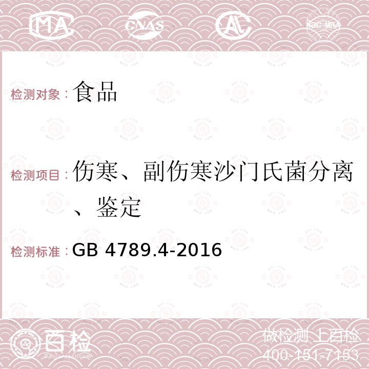 伤寒、副伤寒沙门氏菌分离、鉴定 食品安全国家标准 食品微生物学检验 沙门氏菌检验 GB 4789.4-2016