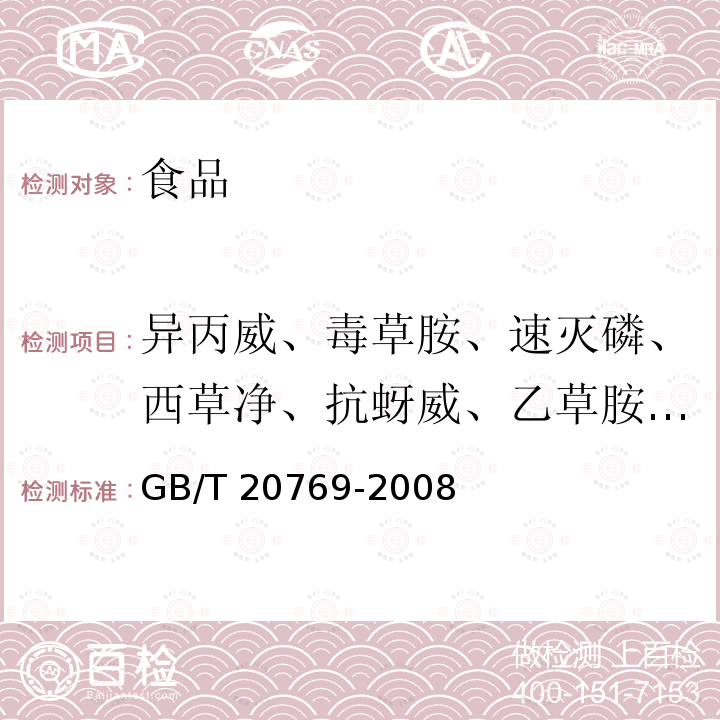 异丙威、毒草胺、速灭磷、西草净、抗蚜威、乙草胺、氟虫脲、甲拌磷、灭线磷、倍硫磷、增效醚、治螟磷、丙溴磷、敌敌畏、速灭威、硫环磷、腐霉利、三氯杀螨醇、灭幼脲 水果和蔬菜中450种农药及相关化学品残留量的测定 液相色谱-串联质谱法 GB/T 20769-2008