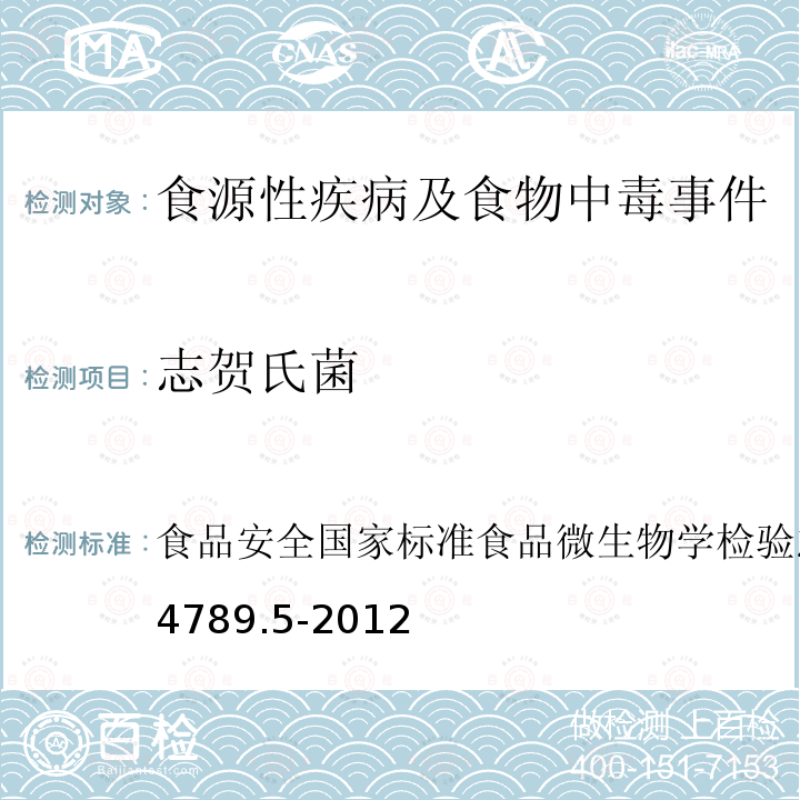 志贺氏菌 食品安全国家标准
食品微生物学检验
志贺氏菌检验
 GB 4789.5-2012