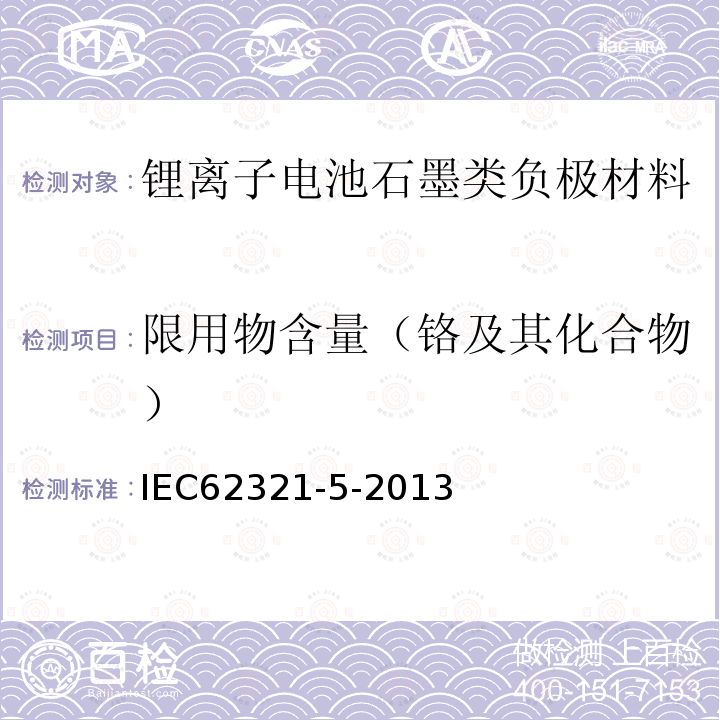 限用物含量（铬及其化合物） IEC 62321-5-2013 电工电子产品中某些物质的测定 第5部分:用AAS、AFS、ICP-OES和ICP-MS测定聚合物和电子设备中的镉、铅和铬以及金属中的镉和铅