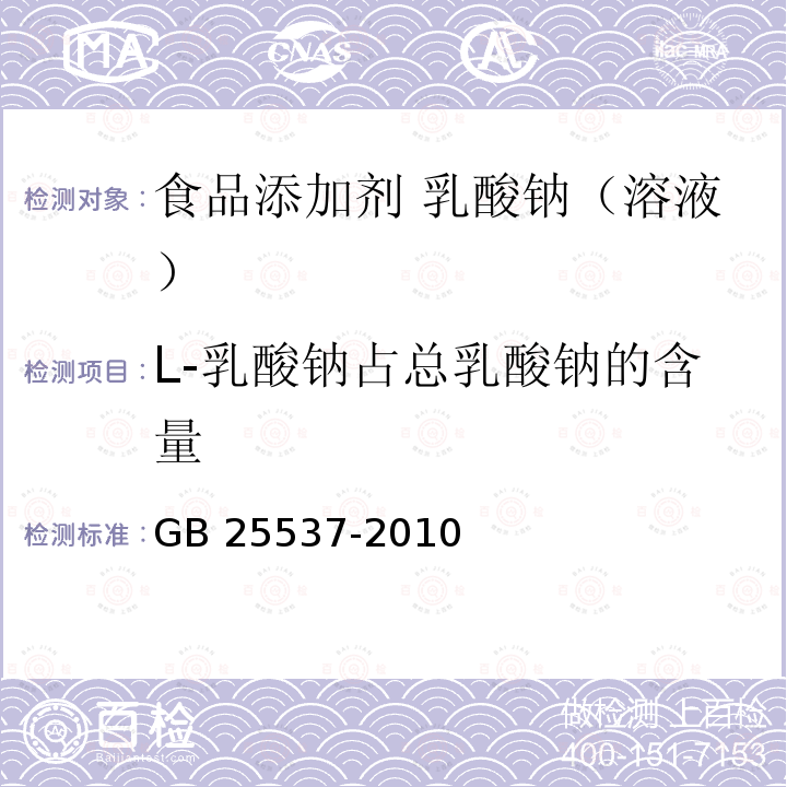 L-乳酸钠占总乳酸钠的含量 食品安全国家标准 食品添加剂 乳酸钠（溶液）GB 25537-2010附录A.4