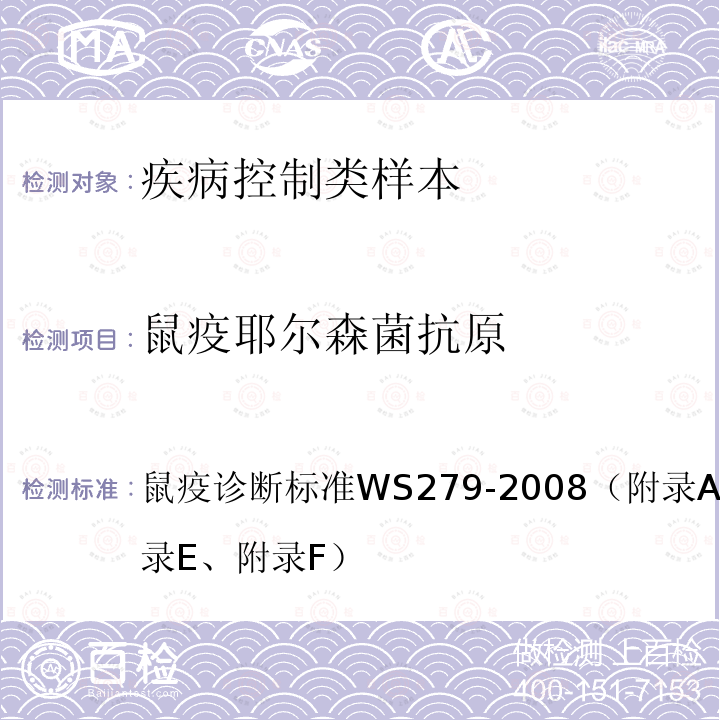 鼠疫耶尔森菌抗原 鼠疫诊断标准
WS 279-2008（附录A、附录D、附录E、附录F）