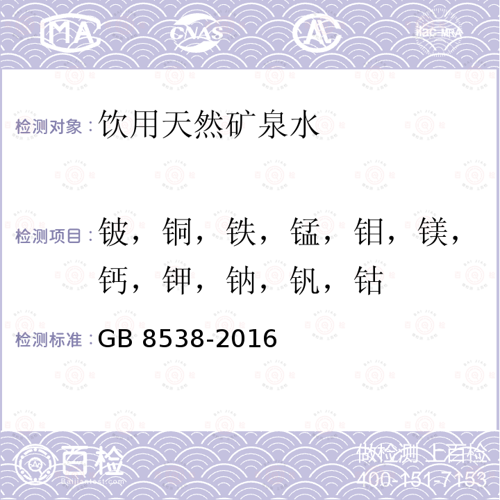 铍，铜，铁，锰，钼，镁，钙，钾，钠，钒，钴 食品安全国家标准饮用天然矿泉水检验方法GB 8538-2016