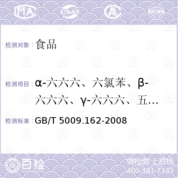 α-六六六、六氯苯、β-六六六、γ-六六六、五氯硝基苯、δ-六六六、五氯苯胺、七氯、五氯苯基硫醚、艾氏剂、氧氯丹、环氧七氯、反氯丹、α-硫丹、顺氯丹、P,P′-滴滴伊、狄氏剂、异狄氏剂、β-硫丹、P,P′-滴滴滴、o,p′-滴滴涕、异狄氏剂醛、硫丹硫酸盐、P,P′-滴滴涕、异狄氏剂酮、灭蚁灵、除螨酯、丙烯菊酯、杀螨蟥、杀螨酯、胺菊酯、甲氰菊酯、氯菊酯、氯氰菊酯、氰戊菊酯、溴氰菊酯 动物性食品中有机氯农药和拟除虫菊酯农药多组分残留量的测定 GB/T 5009.162-2008 第一法