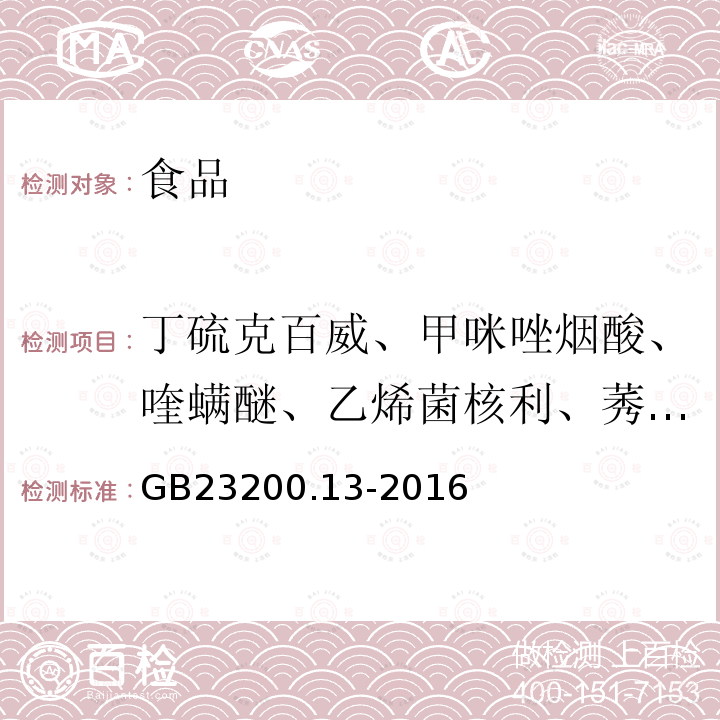 丁硫克百威、甲咪唑煙酸、喹螨醚、乙烯菌核利、莠去津、烯效唑、亞胺硫磷、啶蟲(chóng)脒、嘧菌酯、噻螨酮、樂(lè)果、速滅威、甲萘威、辛硫磷、敵百蟲(chóng)、多菌靈、涕滅威砜、苯氰菊酯、滅幼脲、吡蟲(chóng)啉、吡氟氯禾靈、啶酰菌胺、2,4-滴、噁唑菌酮、氟啶胺、環(huán)丙唑醇、綠麥隆、氯磺隆、醚菌酯、炔草酯、噻唑磷、三環(huán)唑、生物芐呋菊酯、噻蟲(chóng)啉、霜脲氰、亞胺唑、烯啶蟲(chóng)胺、烯酰嗎啉、魚(yú)藤酮、甲胺磷、涕滅威、丁醚脲、氟硅唑、滅多威、噻蟲(chóng)嗪、殺螟丹等農(nóng)藥及相關(guān)化學(xué)品（吡蚜酮、草胺磷、克百威、硫環(huán)磷、滅線磷、內(nèi)吸磷、氧樂(lè)果、茚蟲(chóng)威除外） GB 23200.13-2016 食品安全國(guó)家標(biāo)準(zhǔn) 茶葉中448種農(nóng)藥及相關(guān)化學(xué)品殘留量的測(cè)定 液相色譜-質(zhì)譜法