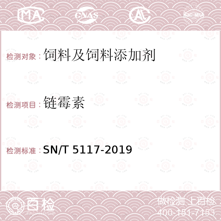 链霉素 进出口食用动物、饲料 链霉素类（链霉素、二氢链霉素）药物残留测定 液相色谱-质谱/质谱法 SN/T 5117-2019