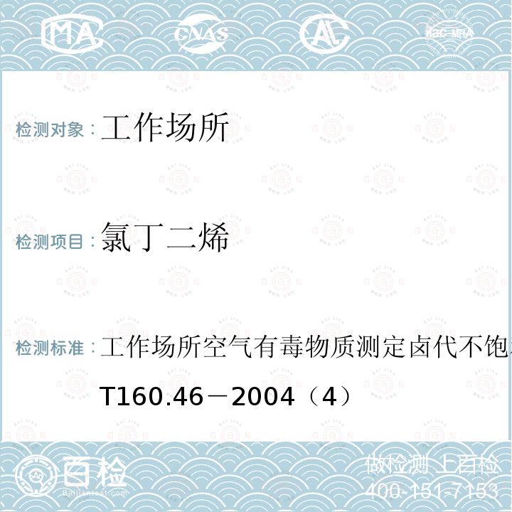 氯丁二烯 工作场所空气有毒物质测定卤代不饱和烃类化合物
GBZ/T 160.46－2004（4）