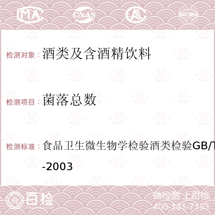 菌落总数 GB/T 4789.25-2003 食品卫生微生物学检验 酒类检验