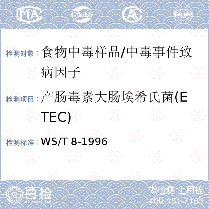 产肠毒素大肠埃希氏菌(ETEC) WS/T 8-1996 病原性大肠艾希氏菌食物中毒诊断标准及处理原则