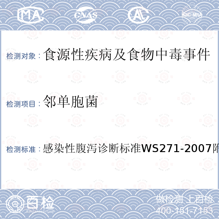 邻单胞菌 感染性腹泻诊断标准
 WS 271-2007附录B3