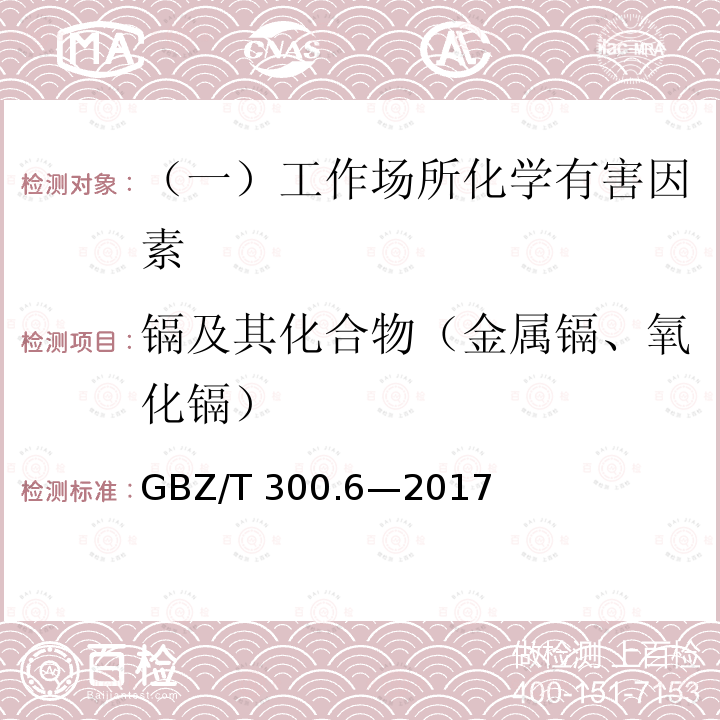 镉及其化合物（金属镉、氧化镉） 工作场所空气有毒物质测定 第6部分：镉及其化合物（4 镉及其化合物的酸消解-火焰原子吸收光谱法）GBZ/T 300.6—2017