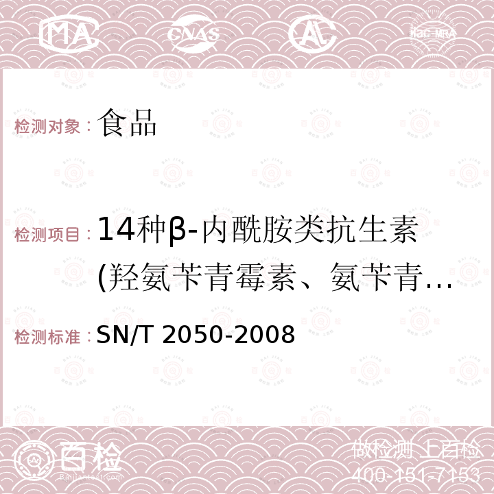 14种β-内酰胺类抗生素(羟氨苄青霉素、氨苄青霉素、邻氯青霉素、双氯青霉素、乙氧萘胺青霉素、苯唑青霉素、苄青霉素、苯氧甲基青霉素、苯咪青霉素、甲氧苯青霉素、苯氧乙基青霉素、头孢氨苄、头孢吡啉、头孢唑啉) 进出口动物源食品中14种β-内酰胺类抗生素残留量检测方法 液相色谱-质谱/质谱法 SN/T 2050-2008