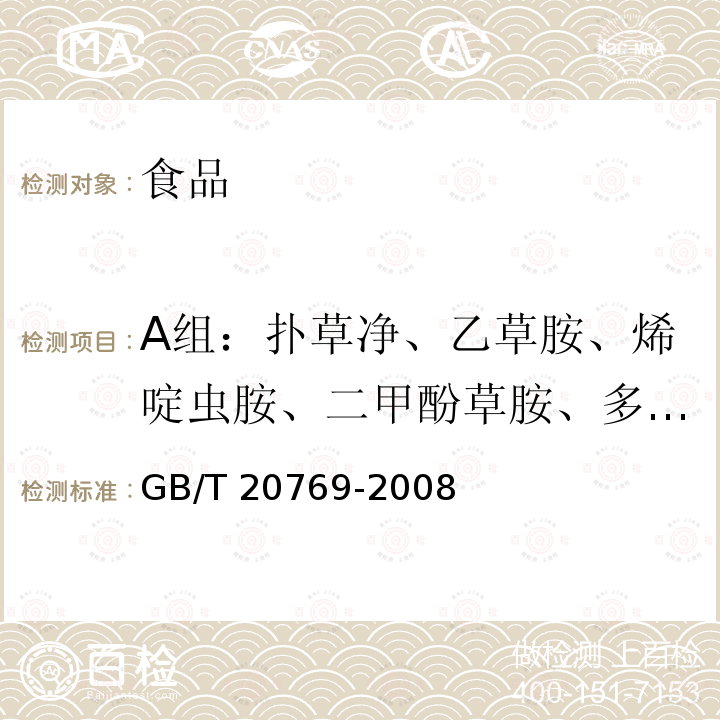 A组：扑草净、乙草胺、烯啶虫胺、二甲酚草胺、多效唑、仲丁灵、杀铃脲、喹禾灵B组：烟碱、敌草隆、甜菜宁、毒死蜱C组：乙菌定、环嗪酮、乙拌磷、噻唑硫磷、除虫菊素、乙氧氟草醚、甲氧虫酰肼D组：苯嗪草酮、甲草胺、丁苯吗啉、乙嘧酚磺酸酯、四氟醚唑E组：霜脲氰、双氟磺草胺、苯满特、哒螨灵F组：绿草定、丙草胺、蚜灭磷、鱼藤酮、乳氟禾草灵G组：氯硝胺、咯菌腈、甲基磺草酮、乙虫清、虱螨脲 GB/T 20769-2008 水果和蔬菜中450种农药及相关化学品残留量的测定 液相色谱-串联质谱法