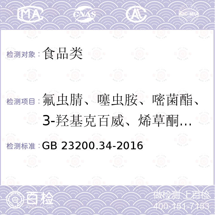 氟虫腈、噻虫胺、嘧菌酯、3-羟基克百威、烯草酮、噻草酮、噻虫胺、除虫脲、敌草隆、唑螨酯、茚虫威、吡虫啉、甲氧虫酰肼、敌草胺、辛硫磷、吡唑醚菌酯、螺螨酯、氟苯脲、噻酰菌胺、噻虫啉、噻虫嗪 GB 23200.34-2016 食品安全国家标准 食品中涕灭砜威、吡唑醚菌酯、嘧菌酯等65种农药残留量的测定 液相色谱-质谱/质谱法
