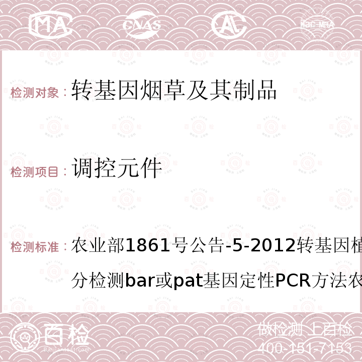 調(diào)控元件 GB/T19495.4-2004 轉(zhuǎn)基因產(chǎn)品檢測 核酸定性PCR檢測方法 
GB/T 19495.6-2004 轉(zhuǎn)基因產(chǎn)品檢測 基因芯片檢測方法 
GB/T 19495.8-2004 轉(zhuǎn)基因產(chǎn)品檢測 蛋白質(zhì)檢測方法 
農(nóng)業(yè)部1861號公告-5-2012 轉(zhuǎn)基因植物及其產(chǎn)品成分檢測bar或pat基因定性PCR方法 農(nóng)業(yè)部2122號公告-3-2012 轉(zhuǎn)基因植物及其產(chǎn)品成分檢測抗蟲水稻TT51-1及其衍生品種定量PCR方法