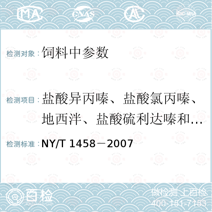 盐酸异丙嗪、盐酸氯丙嗪、地西泮、盐酸硫利达嗪和奋乃静 饲料中盐酸异丙嗪、盐酸氯丙嗪、地西泮、盐酸硫利达嗪和奋乃静的同步测定 高效液相色谱法和液相色谱质谱联用法NY/T 1458－2007