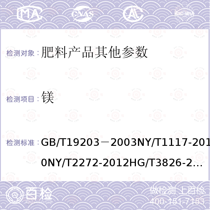 镁 复混肥料中钙、镁、硫含量的测定
水溶肥料中钙、镁、硫、氯的测定
土壤调理剂钙、镁、硅含量的测定
硝酸铵钙
钙镁磷肥
中量元素肥料中钙、镁含量的测定
农业用硫酸镁
肥料级商品磷酸