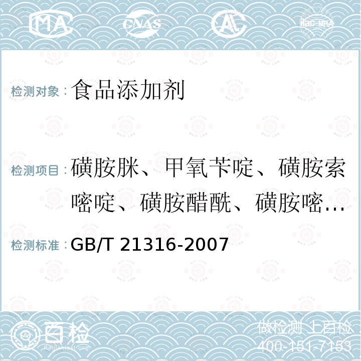 磺胺脒、甲氧苄啶、磺胺索嘧啶、磺胺醋酰、磺胺嘧啶、磺胺吡啶、磺胺噻唑、磺胺甲嘧啶、磺胺鯻唑、磺胺二甲嘧啶、磺胺甲氧嗪、磺胺甲二唑、磺胺对甲氧嘧啶、磺胺间甲氧嘧啶、磺胺氯达嗪、磺胺多辛、磺胺甲鯻唑、磺胺异鯻唑、磺胺苯酰、磺胺地索辛、磺胺喹沙啉、磺胺苯吡唑、磺胺硝苯 动物源性食品中磺胺类药物残留量的测定 液相色谱-质谱/质谱法 GB/T 21316-2007