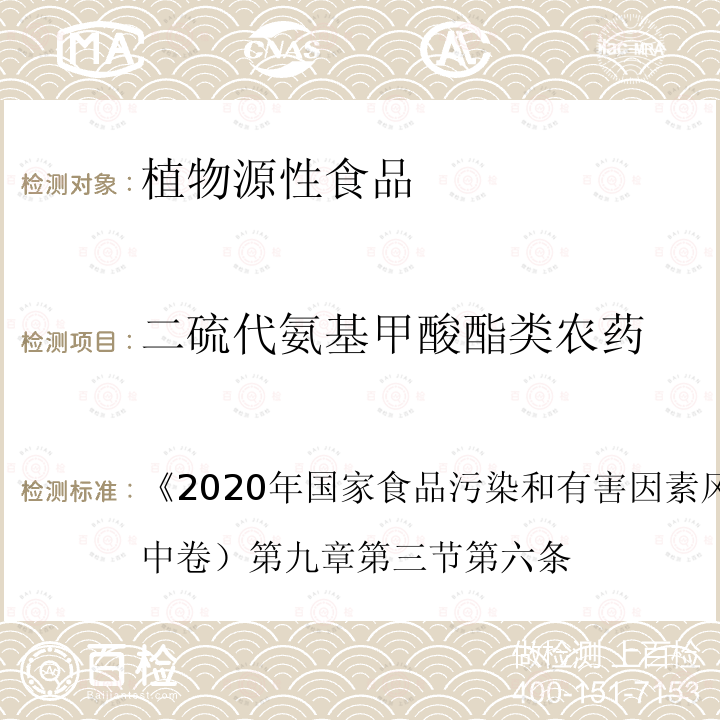 二硫代氨基甲酸酯类农药 2020年国家食品污染和有害因素风险监测工作手册 2020 年国家食品污染和有害因素风险监测工作手册 （中卷）  第九章第三节第六条