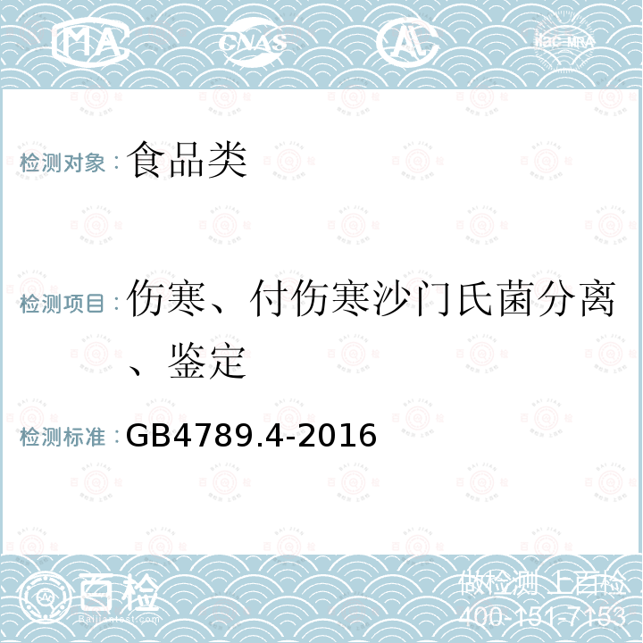 伤寒、付伤寒沙门氏菌分离、鉴定 GB4789.4-2016