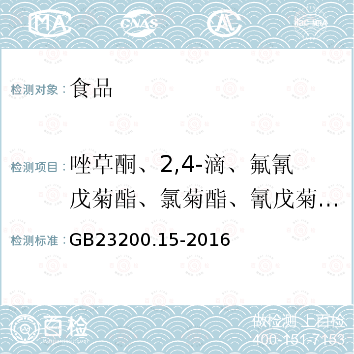 唑草酮、2,4-滴、氟氰戊菊酯、氯菊酯、氰戊菊酯、S-氰戊菊酯、溴氰菊酯、氟氯氰菊酯、高效氯氟氰菊酯、氯氰菊酯、马拉硫磷、乐果、腐霉利、五氯硝基苯、双甲脒、噻菌灵 GB 23200.15-2016 食品安全国家标准 食用菌中503种农药及相关化学品残留量的测定 气相色谱-质谱法